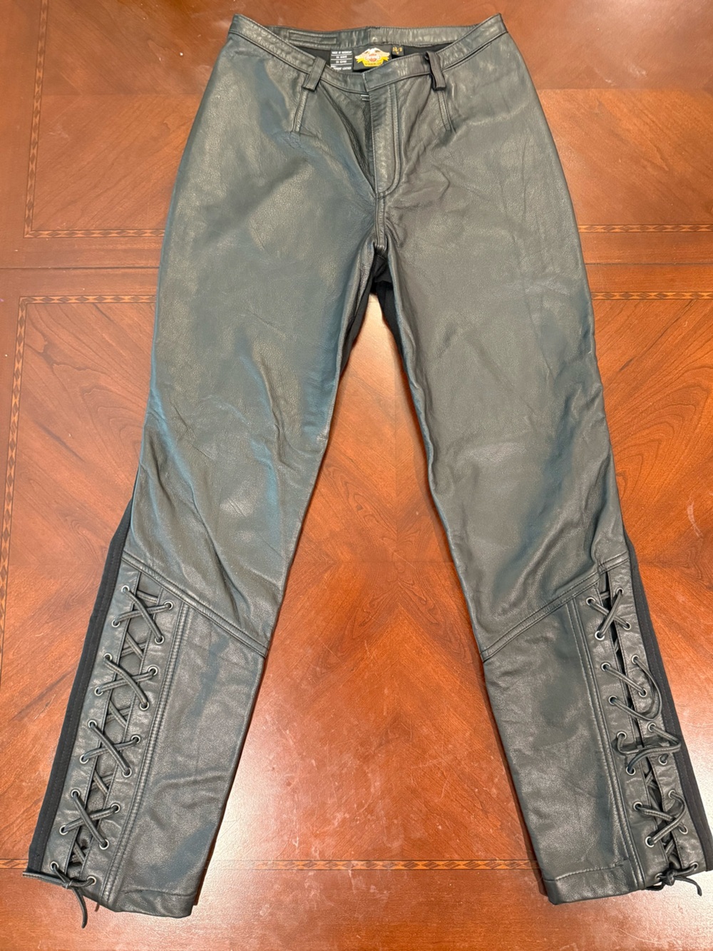 Harley Davidson Genuine Leather Black Pants with Embroidered Detail